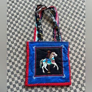Vintage handmade carousel horse quilted tote bag.